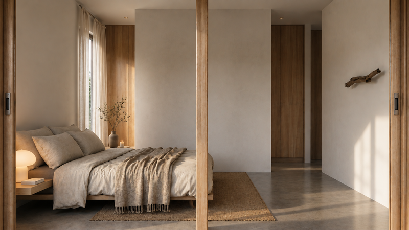 A minimalist bedroom interior with a low wooden bed dressed in neutral beige bedding and a fringed throw blanket, set in a softly lit room with wood walls, a rug, and a visible vertical support post in the foreground.