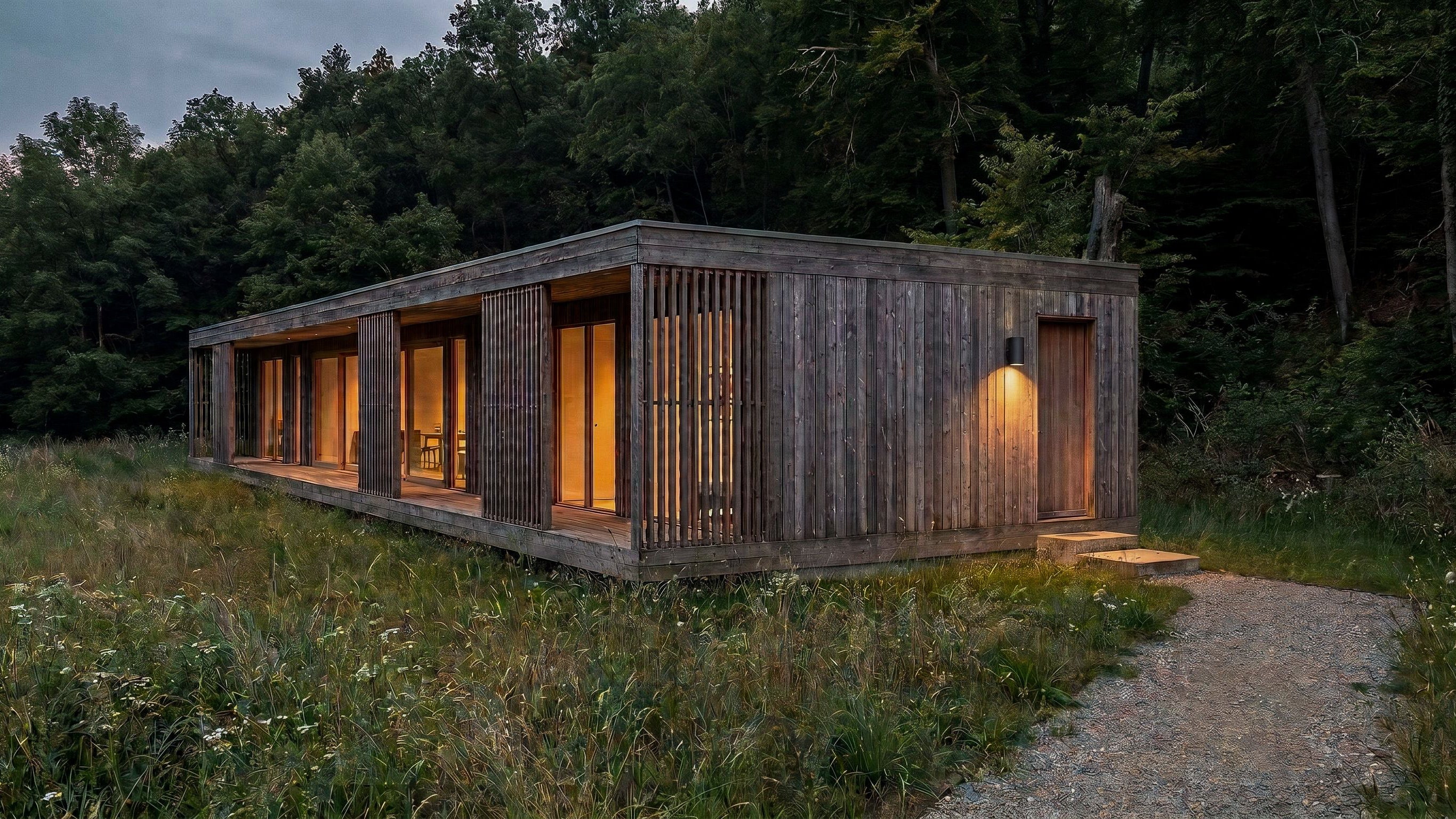 Bosrand 3 is a modern wooden cabin or pod structure with large glass windows and warm interior lighting, situated outdoors in a grassy clearing with a forest background at dusk.