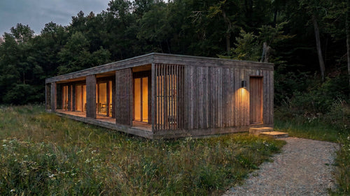 Bosrand 3 is a modern wooden cabin or pod structure with large glass windows and warm interior lighting, situated outdoors in a grassy clearing with a forest background at dusk.
