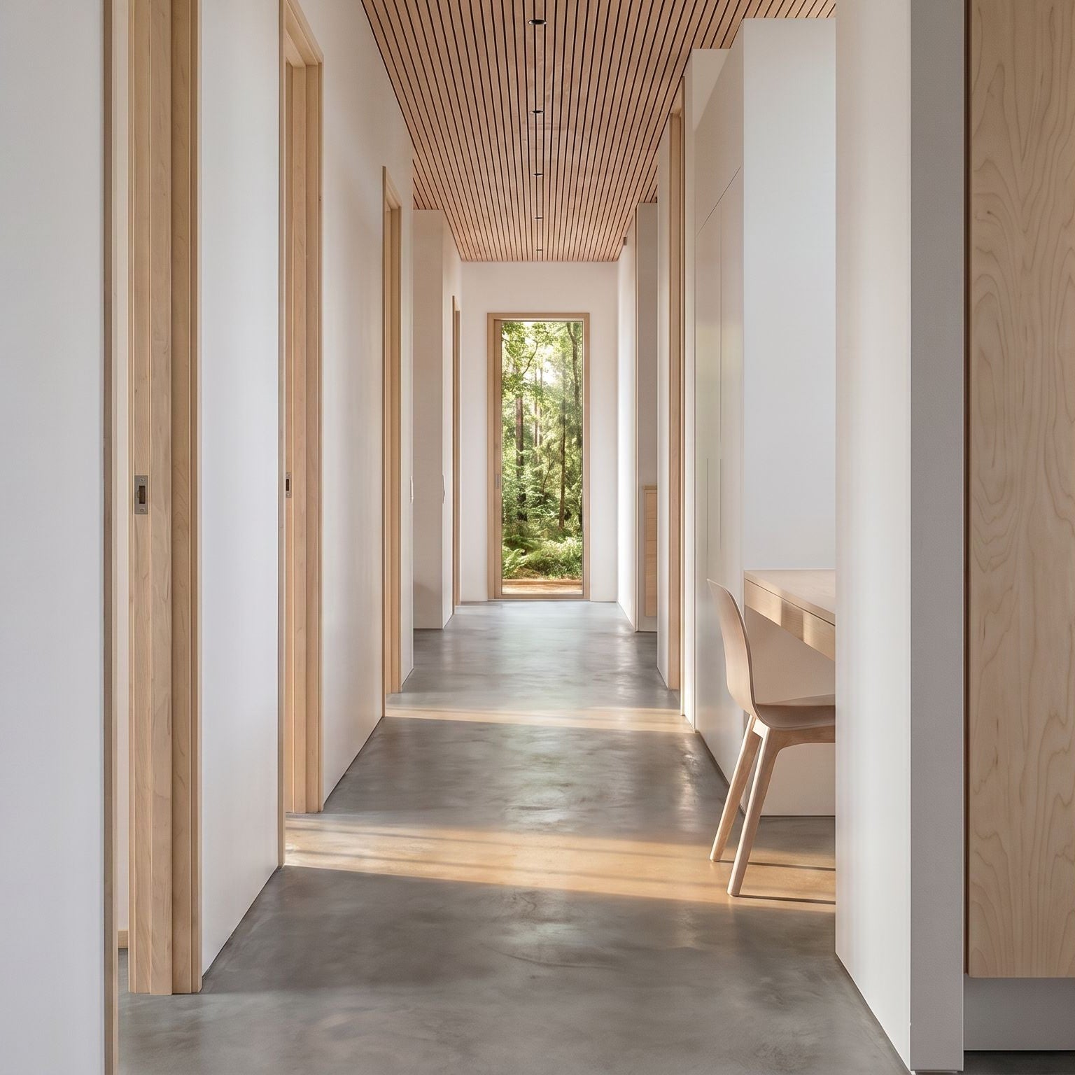 A modern interior hallway with light wood walls, a slatted wood ceiling, and a concrete floor, leading to a bright window with greenery outside. A minimalist wooden chair is visible on the right.