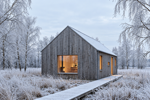 A small modern wooden cabin with a steep gable roof, large warm-lit windows, and a snow-covered walkway, surrounded by frosty birch trees in a winter landscape.