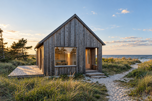 A small weathered wood cabin with large windows sits on a sandy path in a grassy coastal dune field at sunset, with the ocean and sky in the background.