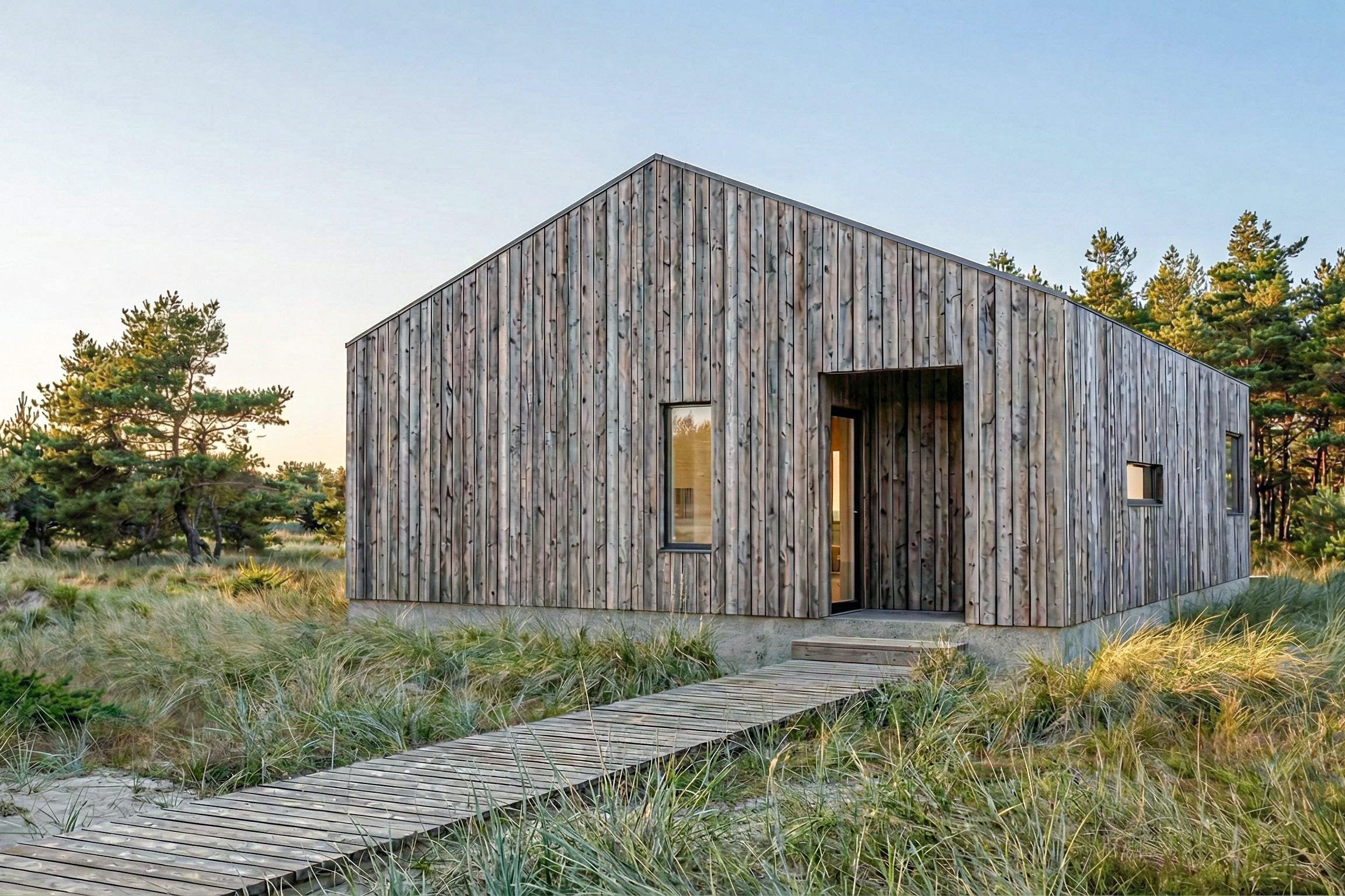 Wooden cabin in a natural setting with trees and grass.