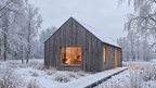 A small wooden cabin with a snow-covered roof stands in a snowy winter landscape. The cabin has large windows, one of which is open, revealing a warm glowing interior.