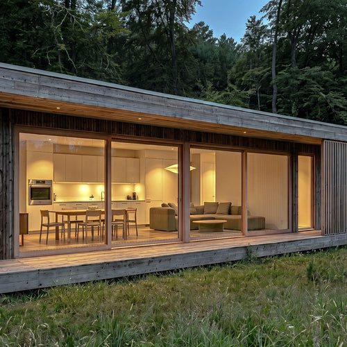 A modern single-story wooden cabin with large floor-to-ceiling glass windows, showing a warmly lit interior kitchen and living area, set against a dense forest at dusk.