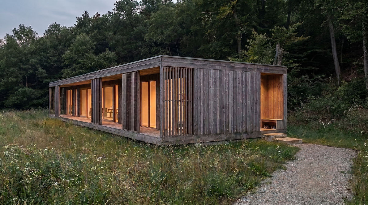 A modern single-story wooden cabin with vertical siding and large glass windows, shown outdoors on grassy ground with a gravel path and dense trees in the background.